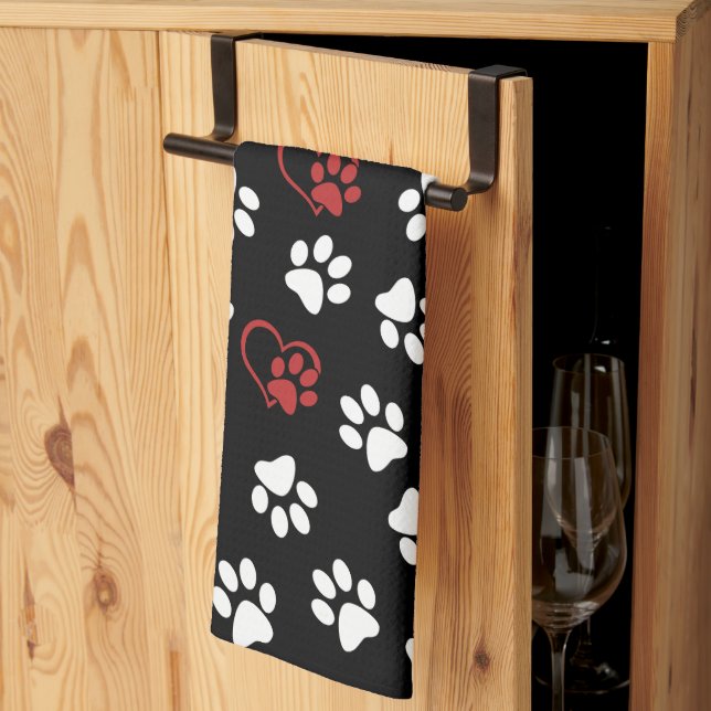 Pattern Of Paws, White Paws, Red Paws, Hearts Tea Towel (Thirds Fold)