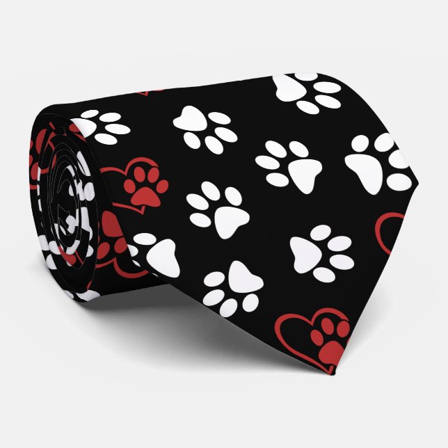 Pattern Of Paws, White Paws, Red Paws, Hearts Tie (Rolled)