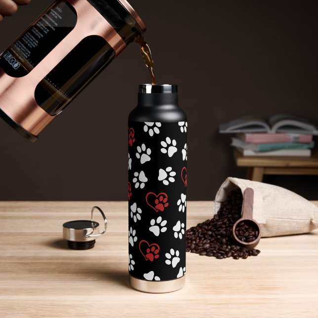 Pattern Of Paws, White Paws, Red Paws, Hearts Water Bottle (Coffee)