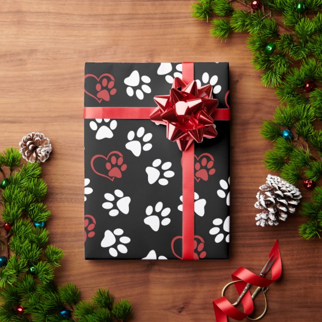 Pattern Of Paws, White Paws, Red Paws, Hearts Wrapping Paper (Holiday Gift)