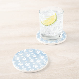 Pattern Of Paws, White Paws, Watercolors, Blue Coaster
