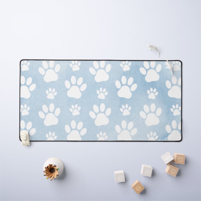 Pattern Of Paws, White Paws, Watercolors, Blue Desk Mat (Kids Table)