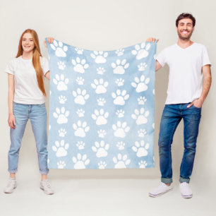 Pattern Of Paws, White Paws, Watercolors, Blue Fleece Blanket