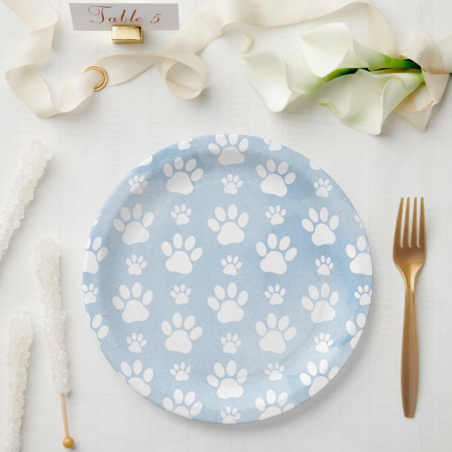 Pattern Of Paws, White Paws, Watercolors, Blue Paper Plate (Wedding)
