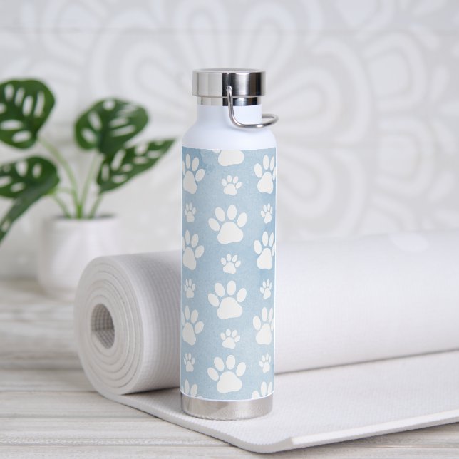 Pattern Of Paws, White Paws, Watercolors, Blue Water Bottle (Yoga)