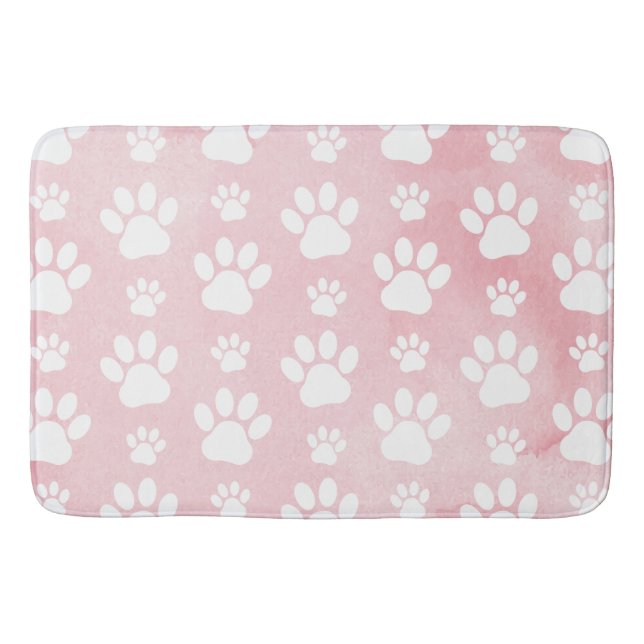 Pattern Of Paws, White Paws, Watercolors, Pink Bath Mat (Front)