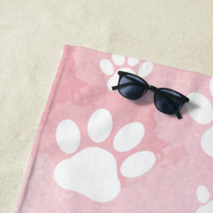 Pattern Of Paws, White Paws, Watercolors, Pink Beach Towel