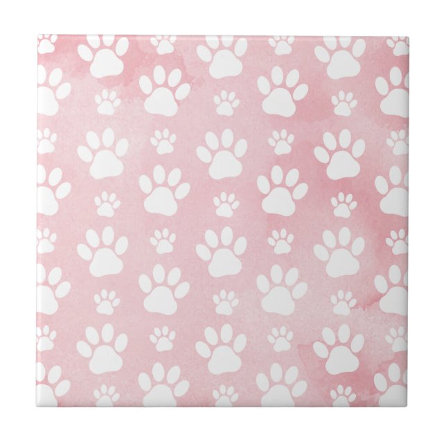 Pattern Of Paws, White Paws, Watercolors, Pink Ceramic Tile (Front)