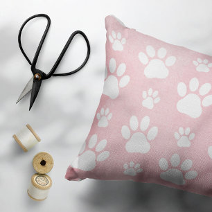 Pattern Of Paws, White Paws, Watercolors, Pink Decorative Cushion