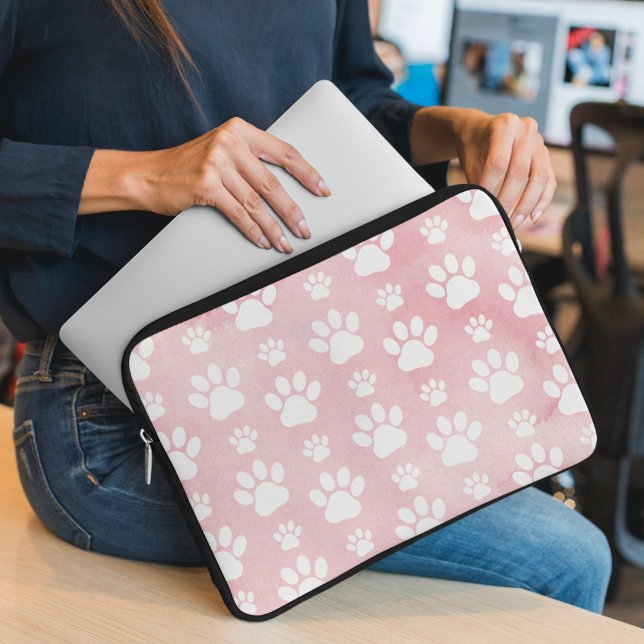Pattern Of Paws, White Paws, Watercolors, Pink Laptop Sleeve (Creator Uploaded)