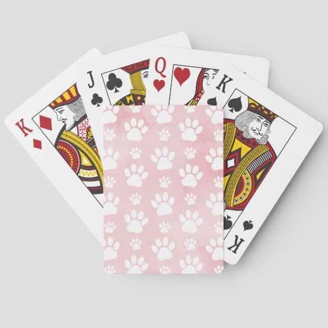 Pattern Of Paws, White Paws, Watercolors, Pink Playing Cards (Back)