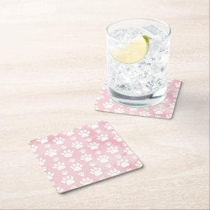 Pattern Of Paws, White Paws, Watercolors, Pink Square Paper Coaster