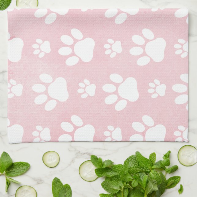 Pattern Of Paws, White Paws, Watercolors, Pink Tea Towel (Folded)