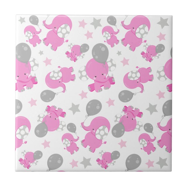 Pattern Of Pink Elephants, Cute Elephants, Stars Ceramic Tile (Front)