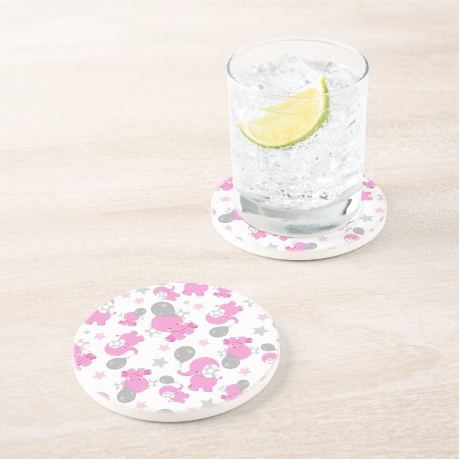 Pattern Of Pink Elephants, Cute Elephants, Stars Coaster (Side)