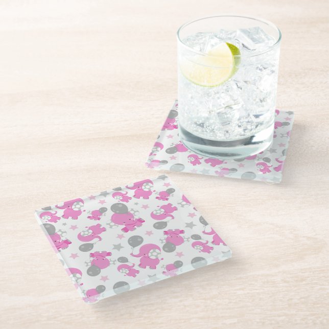 Pattern Of Pink Elephants, Cute Elephants, Stars Glass Coaster (Angled)