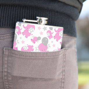 Pattern Of Pink Elephants, Cute Elephants, Stars Hip Flask