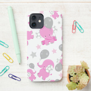 Pattern Of Pink Elephants, Cute Elephants, Stars iPhone 12 Case