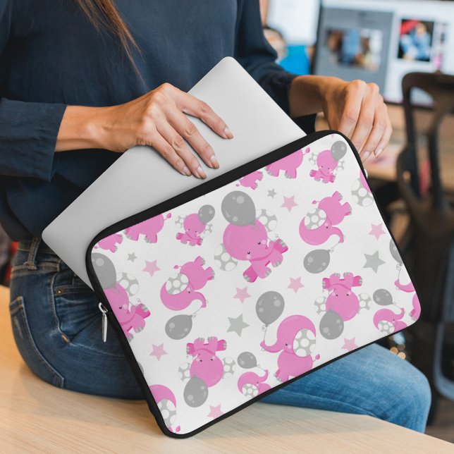 Pattern Of Pink Elephants, Cute Elephants, Stars Laptop Sleeve (Creator Uploaded)
