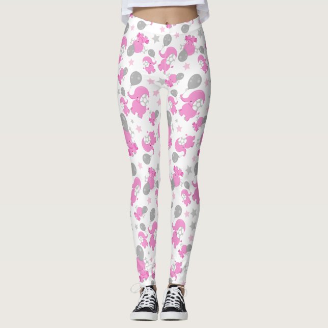Pattern Of Pink Elephants, Cute Elephants, Stars Leggings (Front)