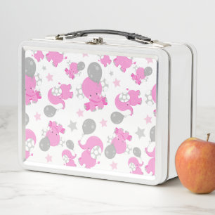 Pattern Of Pink Elephants, Cute Elephants, Stars Metal Lunch Box