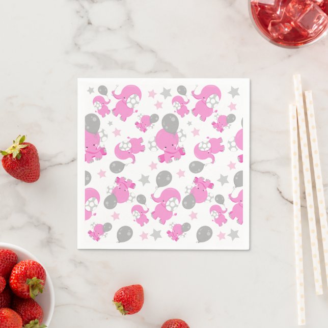 Pattern Of Pink Elephants, Cute Elephants, Stars Napkin (Insitu)