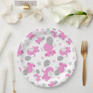 Pattern Of Pink Elephants, Cute Elephants, Stars Paper Plate