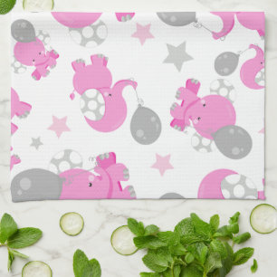 Pattern Of Pink Elephants, Cute Elephants, Stars Tea Towel