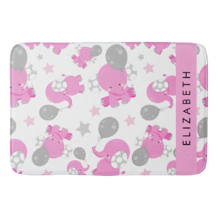 Pattern Of Pink Elephants, Stars, Your Name Bath Mat