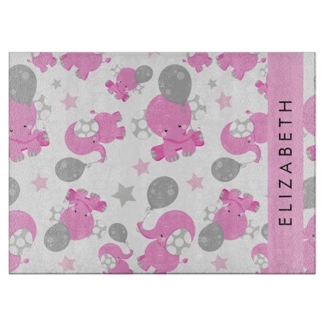Pattern Of Pink Elephants, Stars, Your Name Cutting Board (Front)