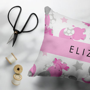 Pattern Of Pink Elephants, Stars, Your Name Decorative Cushion
