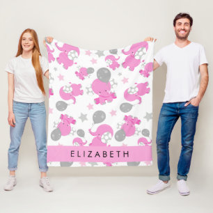 Pattern Of Pink Elephants, Stars, Your Name Fleece Blanket