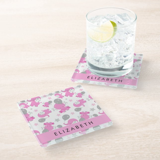 Pattern Of Pink Elephants, Stars, Your Name Glass Coaster (Angled)