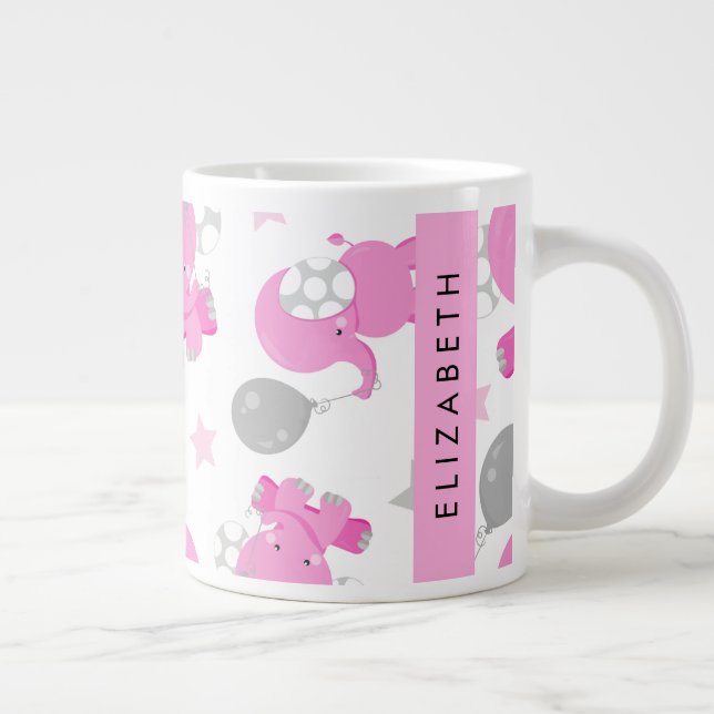 Pattern Of Pink Elephants, Stars, Your Name Large Coffee Mug (Right)