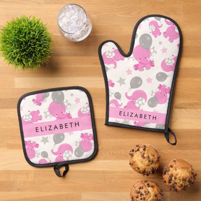 Pattern Of Pink Elephants, Stars, Your Name Oven Mitt & Pot Holder Set (Top Down)