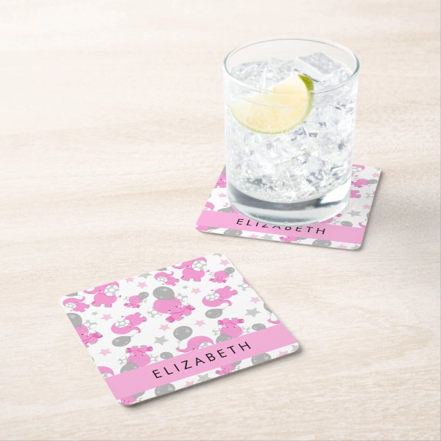 Pattern Of Pink Elephants, Stars, Your Name Square Paper Coaster (Insitu)