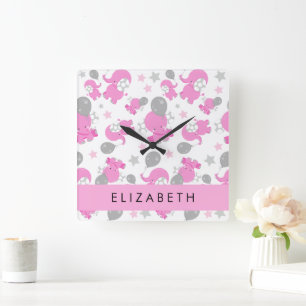 Pattern Of Pink Elephants, Stars, Your Name Square Wall Clock