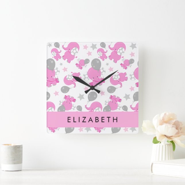 Pattern Of Pink Elephants, Stars, Your Name Square Wall Clock (Home)