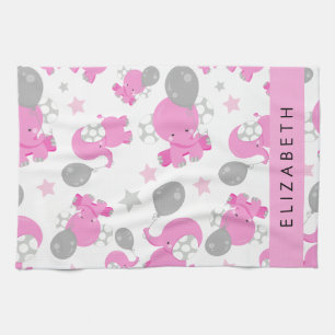 Pattern Of Pink Elephants, Stars, Your Name Tea Towel