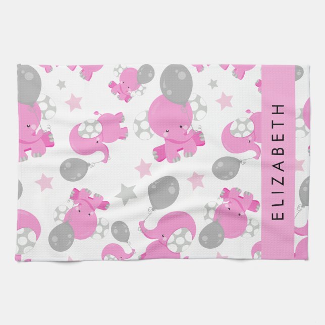 Pattern Of Pink Elephants, Stars, Your Name Tea Towel (Horizontal)