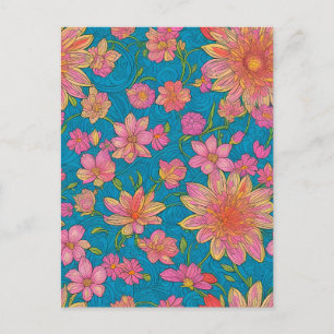 Pattern of pink Flowers on blue Background Postcard
