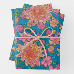 Pattern of pink Flowers on blue Background Wrapping Paper Sheet
