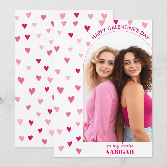 Pattern of pink hearts, arch photo Galentine's Day Holiday Card (Front/Back)