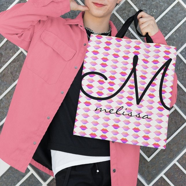pattern of pink lips with name tote bag (Creator Uploaded)