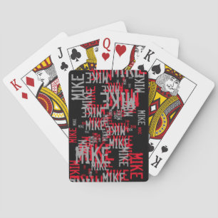 pattern of red/grey names on cool black playing cards