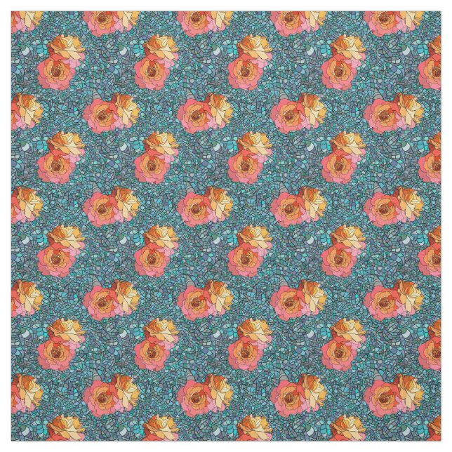Pattern Of Rose Flowers Against Mosaic Background Fabric (Swatch)