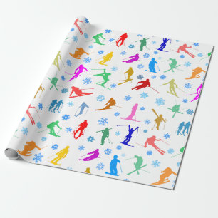 Pattern Of Skiers. Colourful Silhouettes On White Wrapping Paper