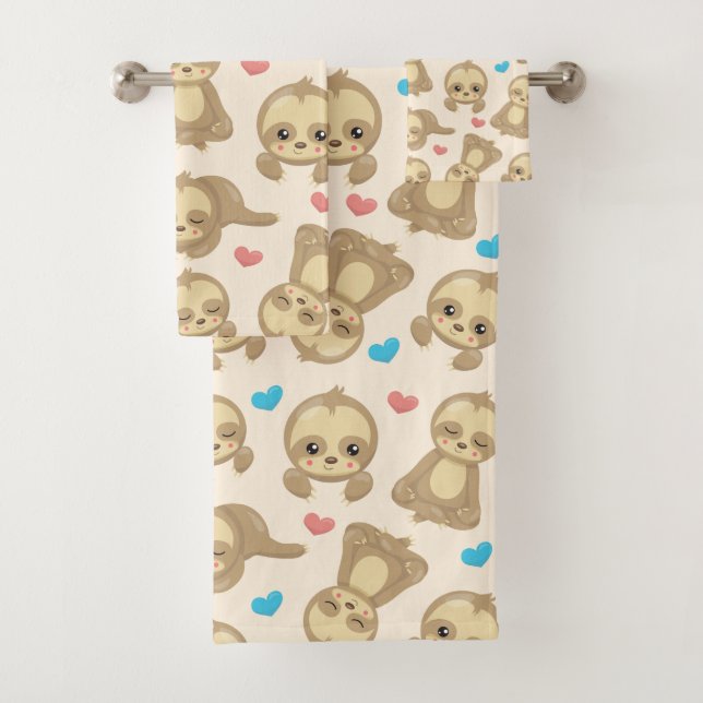 Pattern Of Sloths, Cute Sloths, Hearts Bath Towel Set (Insitu)