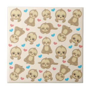 Pattern Of Sloths, Cute Sloths, Hearts Ceramic Tile