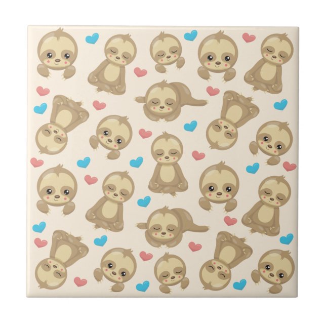 Pattern Of Sloths, Cute Sloths, Hearts Ceramic Tile (Front)